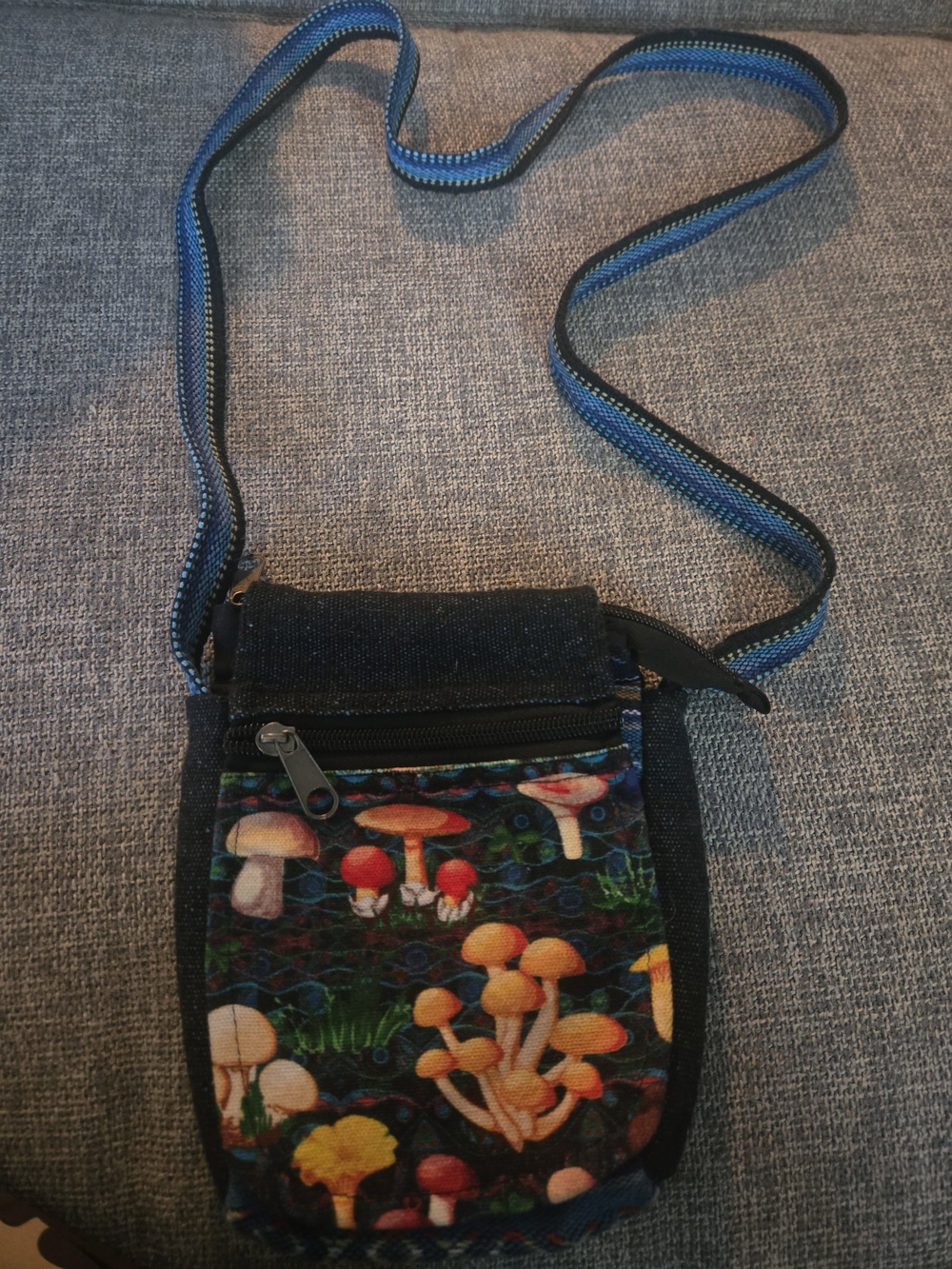 Kathmandu Black Crossbody with Blue-Trim Strap and Mushroom Print Panel
